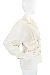 1980s Classic Cream Silk Chanel Gold Button Top