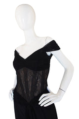 1980s Vicky Tiel Couture Black Silk Net & Lace Corset Gown
