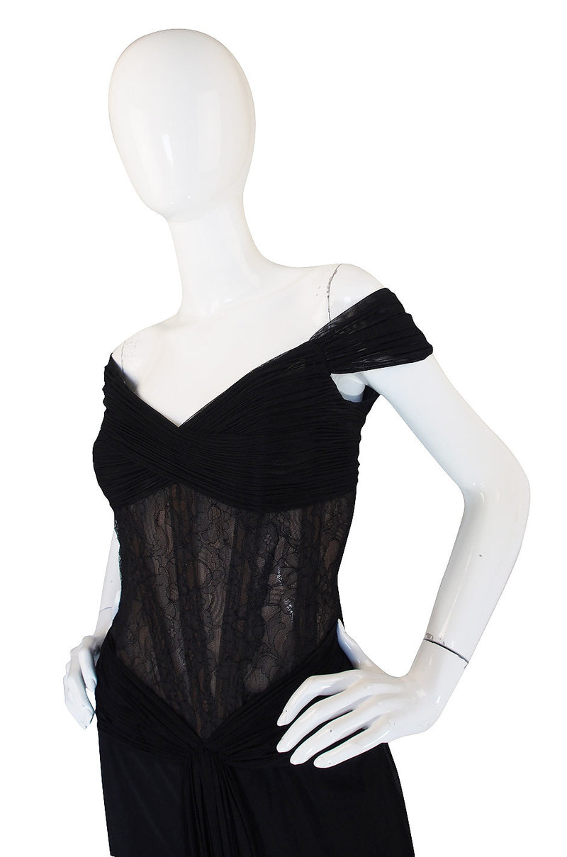1980s Vicky Tiel Couture Black Silk Net & Lace Corset Gown