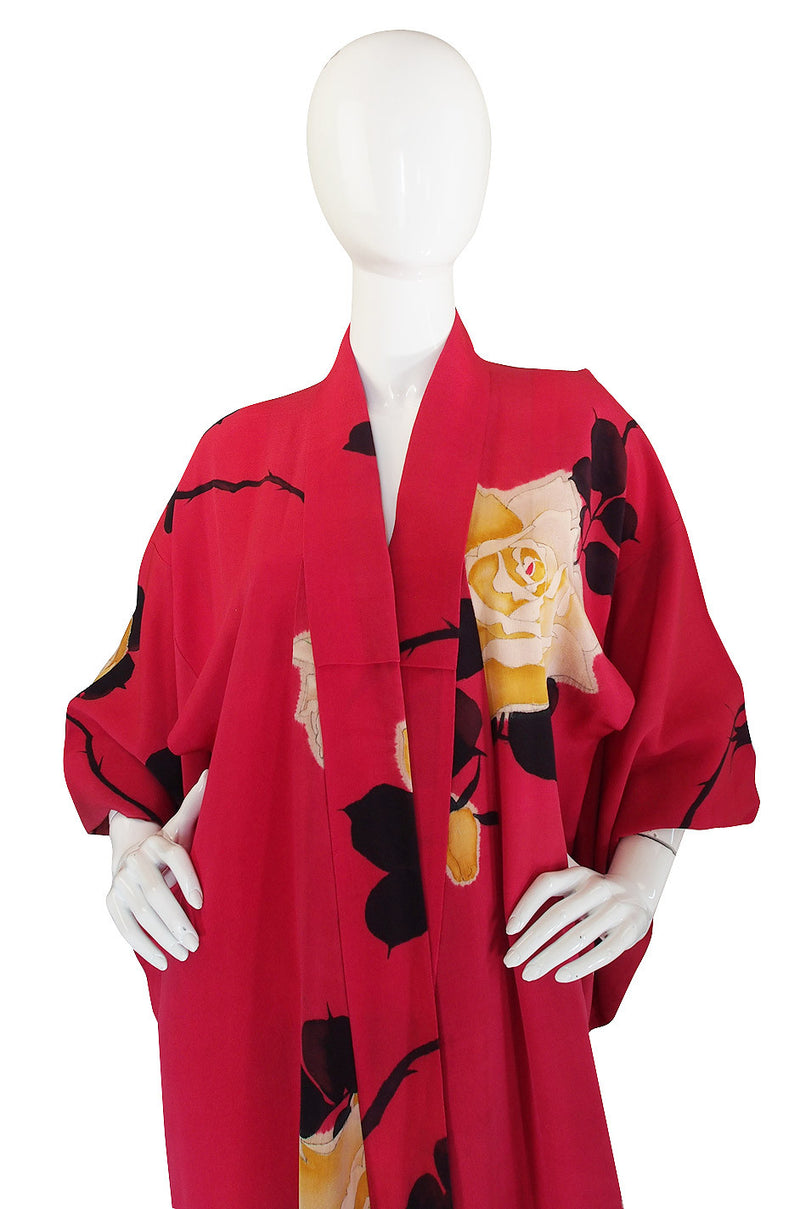 1930s Floral Hand Painted Silk Red Kimono