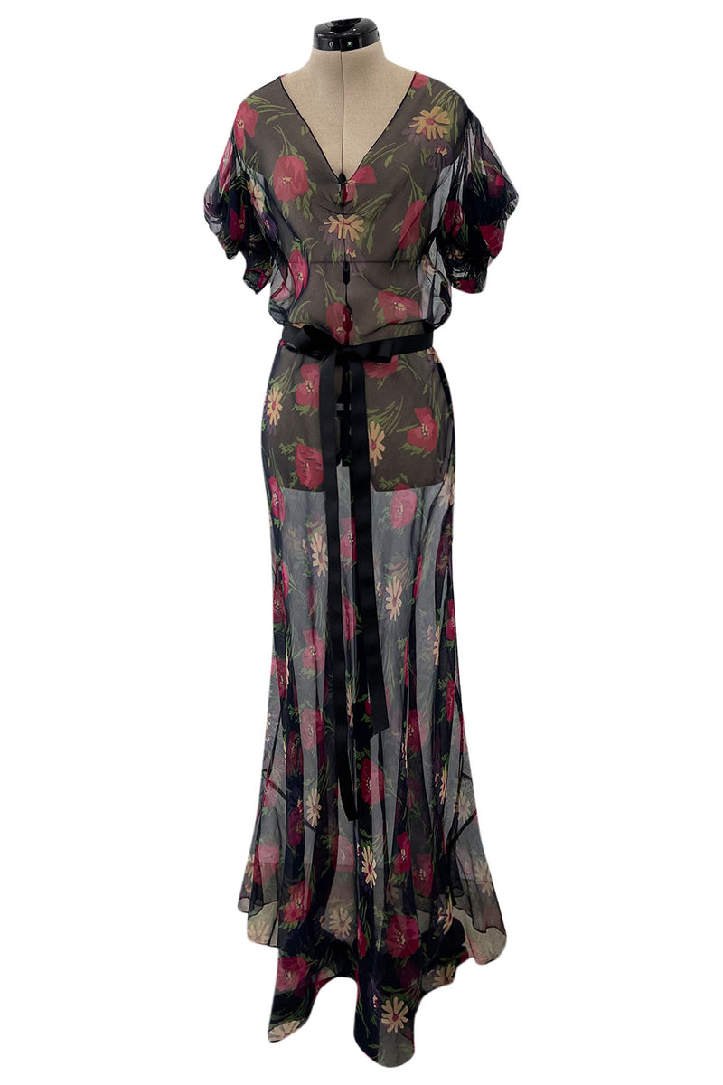 Prettiest 1930s Bias Cut Transparent Floral Print Silk Crepe Chiffon Dress w Capped Sleeves