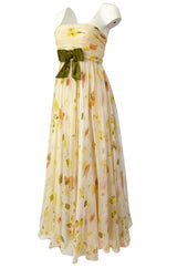 1961 Ferdinando Sarmi Strapless Yellow Floral Print Silk Chiffon Dress w Front Bow Detail
