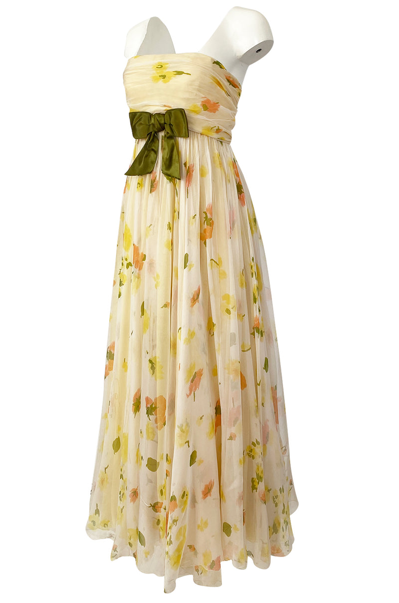1961 Ferdinando Sarmi Strapless Yellow Floral Print Silk Chiffon Dress w Front Bow Detail