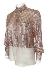 Late 1970s Oscar de la Renta Pink & Silver Sequin Top w Rhinestone Buttons
