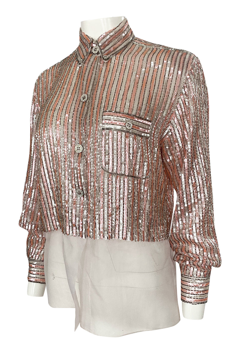 Late 1970s Oscar de la Renta Pink & Silver Sequin Top w Rhinestone Buttons