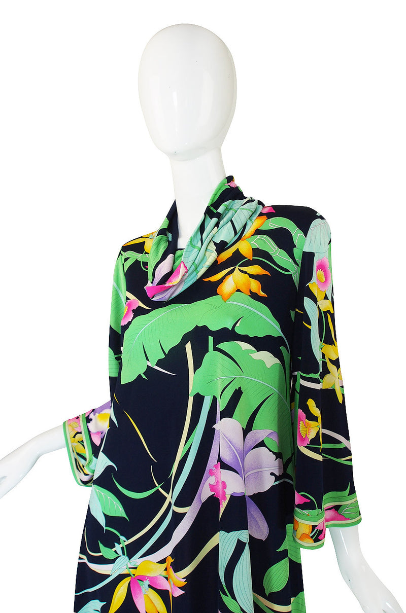 1970s Leonard Bell Sleeve Silk Print Dress