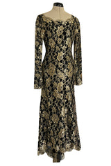 Exceptional Fall 1986 Chanel by Karl Lagerfeld Runway Metallic Gold Thread on Black Silk Net Dress