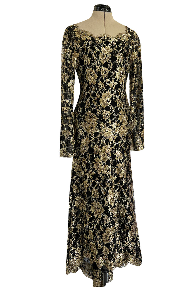 Exceptional Fall 1986 Chanel by Karl Lagerfeld Runway Metallic Gold Thread on Black Silk Net Dress