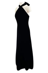 1970s Christian Dior Demi-Couture Numbered Sample Dress in Inky Black Velvet w Bow