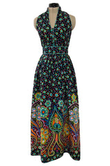 Prettiest Early 1970s Oscar de la Renta Floral Printed Halter Dress w Crossed Strap Open Back