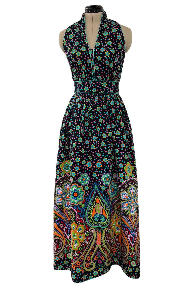Prettiest Early 1970s Oscar de la Renta Floral Printed Halter Dress w Crossed Strap Open Back