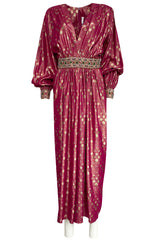 1980s Adele Simpson Pink & Gold Metallic Lame Beaded Dress w Beading