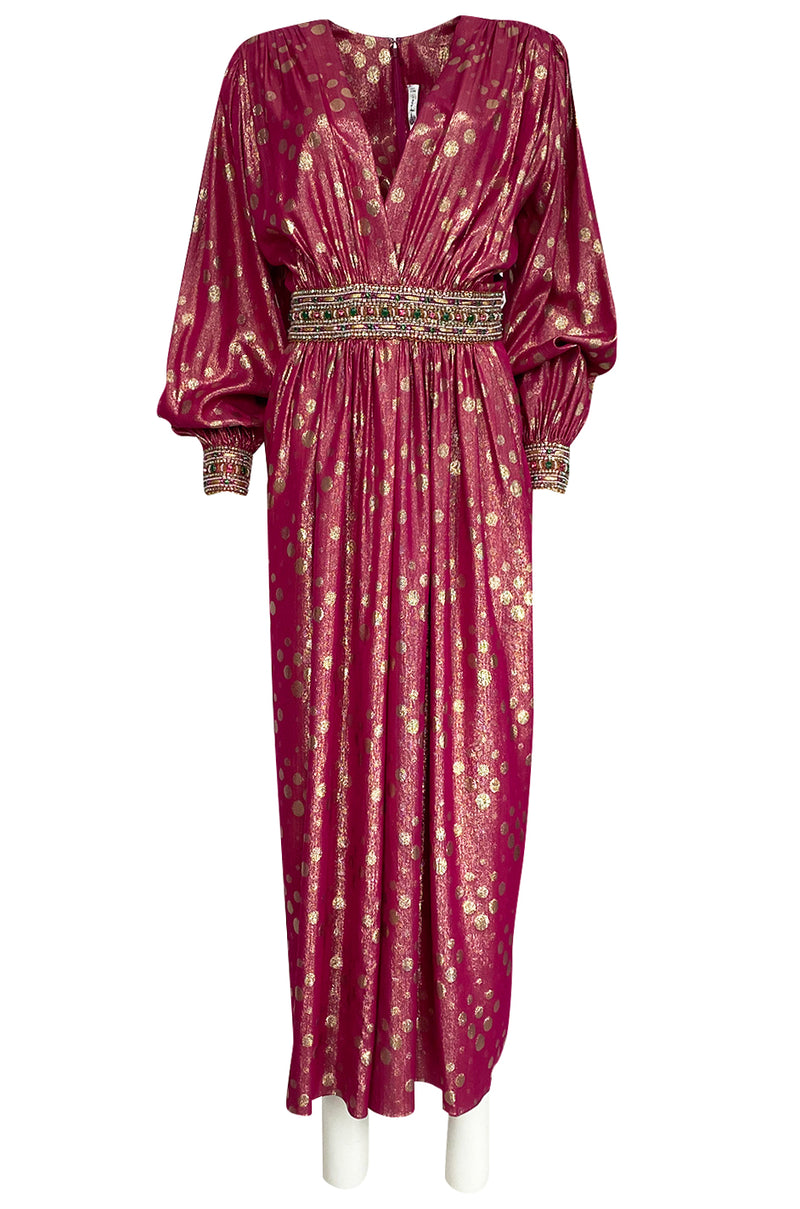 1980s Adele Simpson Pink & Gold Metallic Lame Beaded Dress w Beading