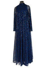 Incredible 1970-1972 Mollie Parnis Blue Sequin on Silk Chiffon Caftan Dress w Wide Sleeves