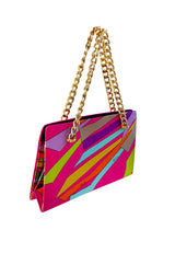 1960s Emilio Pucci Vivid Pink Multi Color Silk Evening Bag w Gold Chains