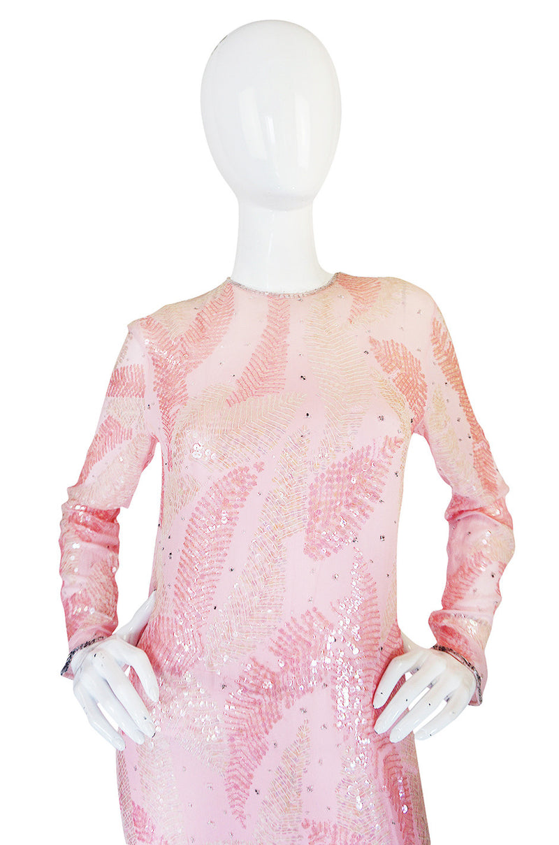 1970s Sequin Covered Pink Silk Chiffon Halston Dress