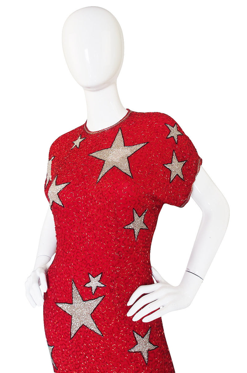 1980s Beaded Red & Silver Stars Dress