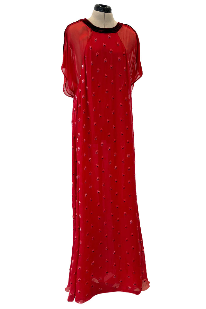 Prettiest Spring 2018 Valentino Runway Red Silk Chiffon Dress w Fused Velvet Rose Print