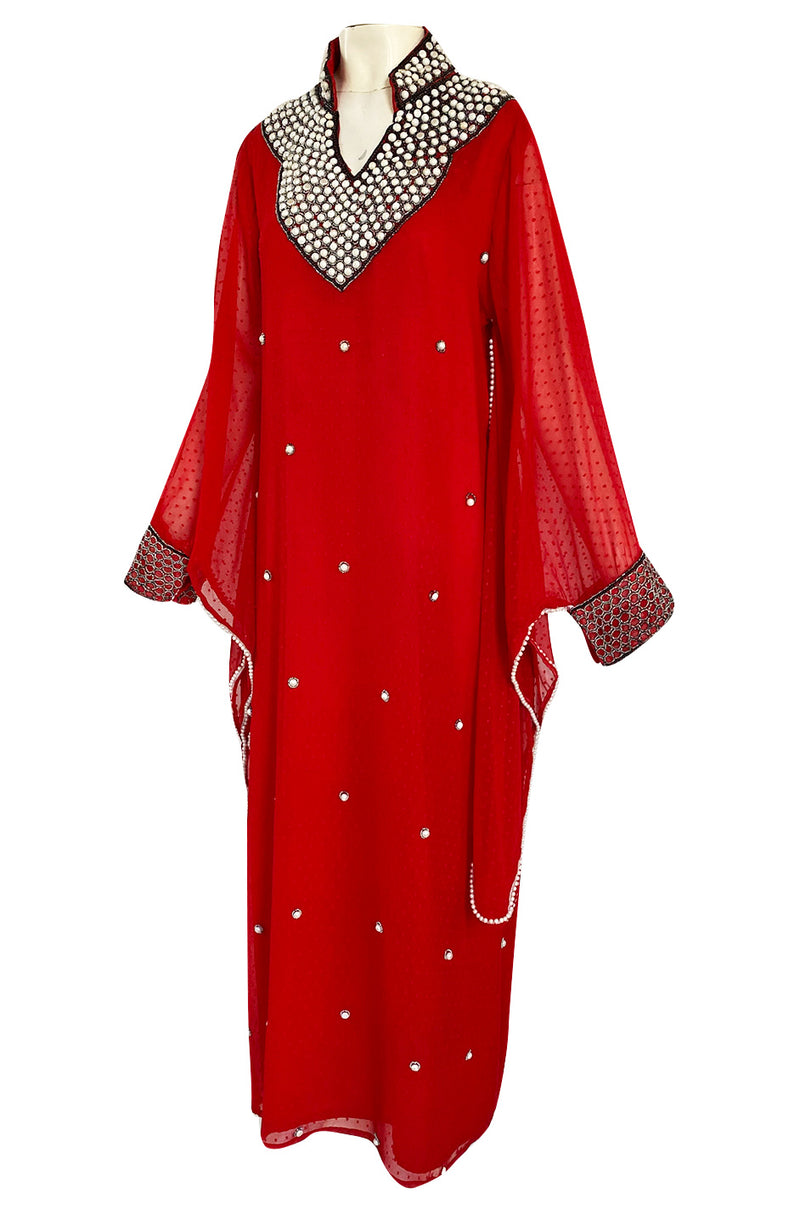 Striking 1970s Red Dotted Chiffon White Beaded Caftan Dress w Kimono Sleeves