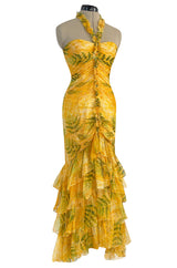 Spring 2004 Oscar de la Renta Runway Yellow Silk Chiffon Ruffled Dress w Fern & Floral Print