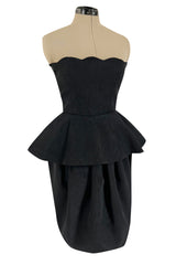 1980s Lanvin by Jules-Francois Crahay Strapless Black Dress w Hip Peplum