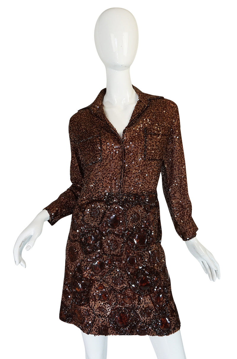 c.1966 Christian Dior Sequin & Tortoise Shell Demi-Couture Dress