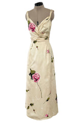 Gorgeous 1940s Unlabeled Ivory Silk Twill Dress w Painted & Appliqued Rose Print