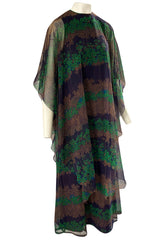 1970s Jean Varon Printed Green & Deep Blue Tiered Chiffon Caftan Dress