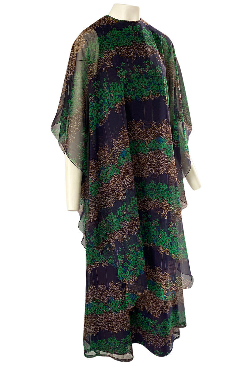 1970s Jean Varon Printed Green & Deep Blue Tiered Chiffon Caftan Dress