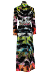 Amazing 1970s Unlabeled Valentina Inc. Rainbow Colored Elaborate Sequin & Bead Detailed Dress