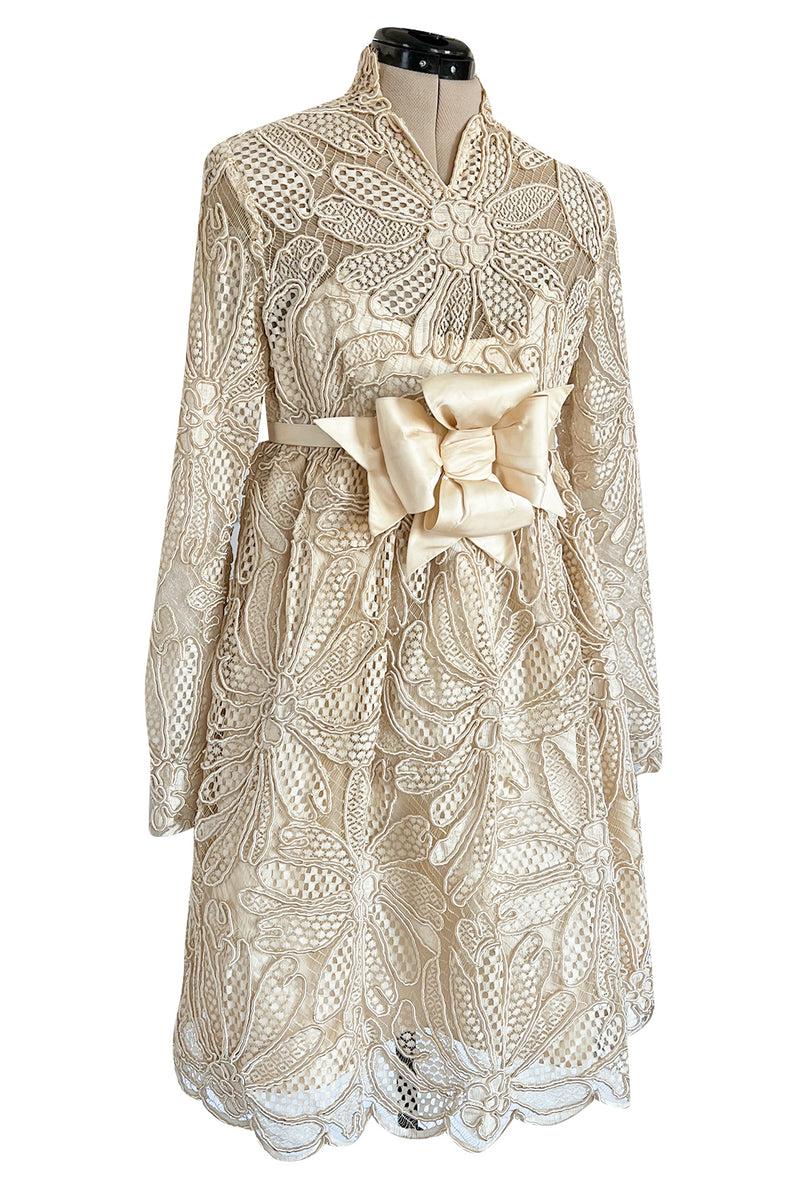 Extraordinary 1960s Donald Brooks Couture Ivory Net Lace & Silk Cord Babydoll Dress