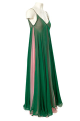 1960s Unlabeled Multiple Layered Pink & Green Chiffon Swing Maxi Dress
