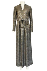 1970s Mollie Parnis Silver Sequin & Knit Lame Jersey Dress w Belt