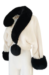 1994 Franco Moschino Ivory & Black Question Mark Faux Fur Cropped Jacket