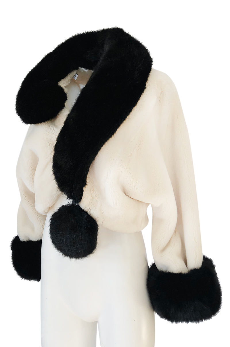 1994 Franco Moschino Ivory & Black Question Mark Faux Fur Cropped Jacket