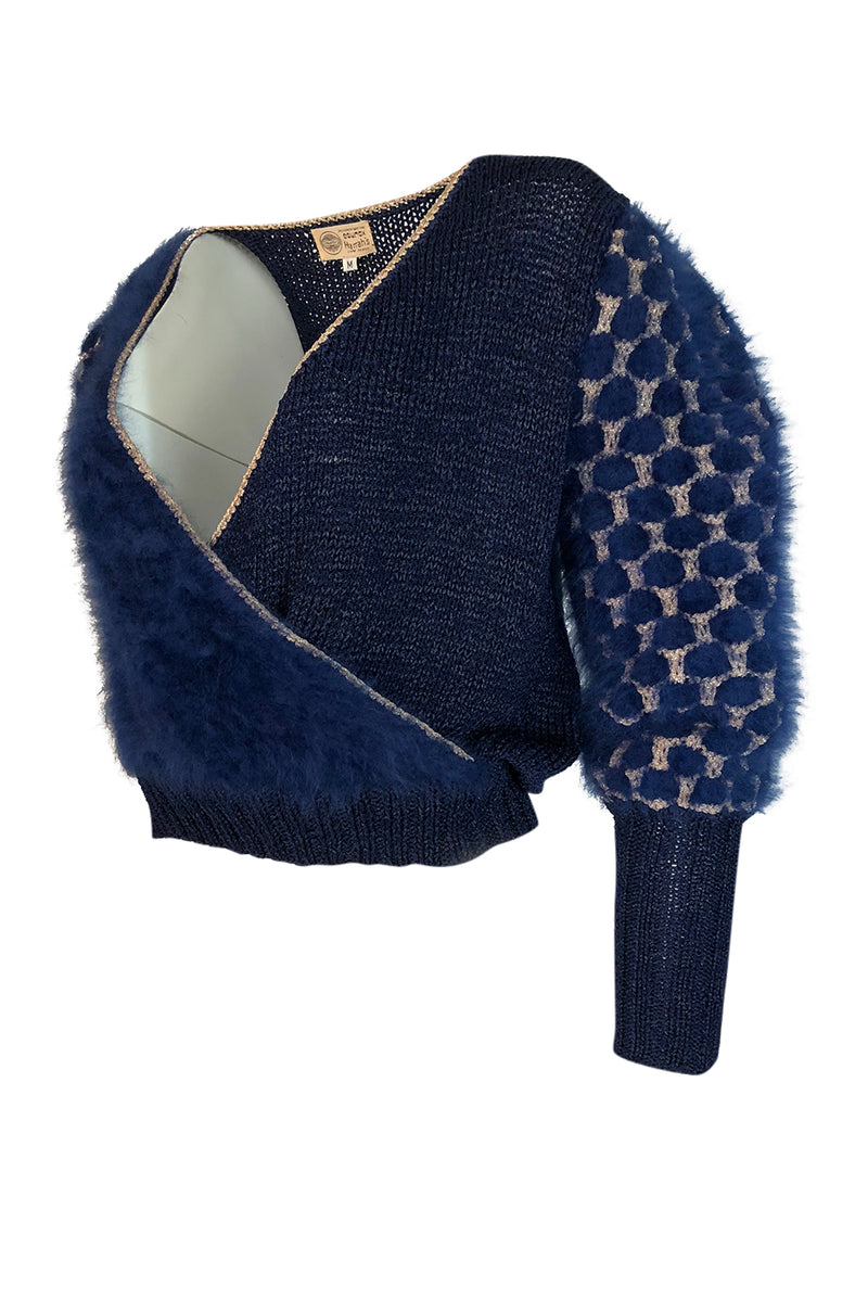 1970s Cropped Blue Mohair, Wool & Gold Metallic Plunge Sweater