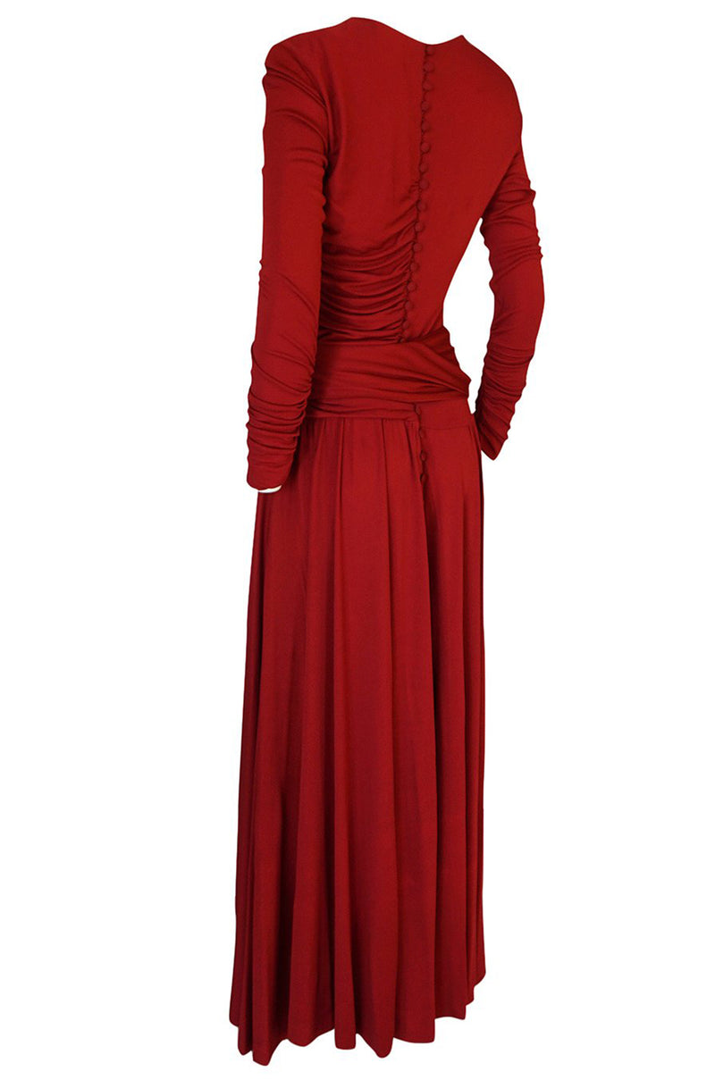 1980s Karl Lagerfeld Supermodel Length Deep Red Silk Jersey Dress w Sash