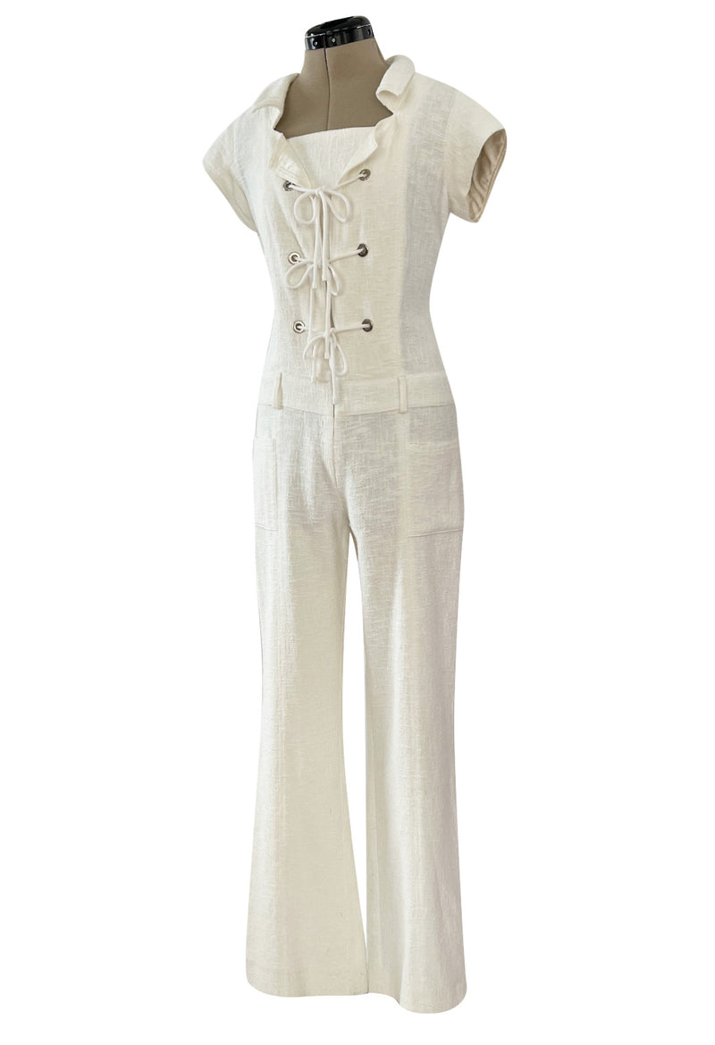 Fabulous 2007 Chanel Resort Runway Textured White Lace Front Pocket Jumpsuit