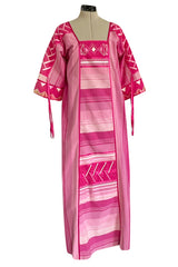1960s Josefa Hand Made Mexico Pink Caftan Dress w Embroidery & Ribbon Details