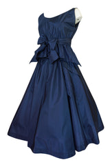 1950s Pauline Trigere Blue Silk Taffeta Cocktail Skirt, Top & Sash