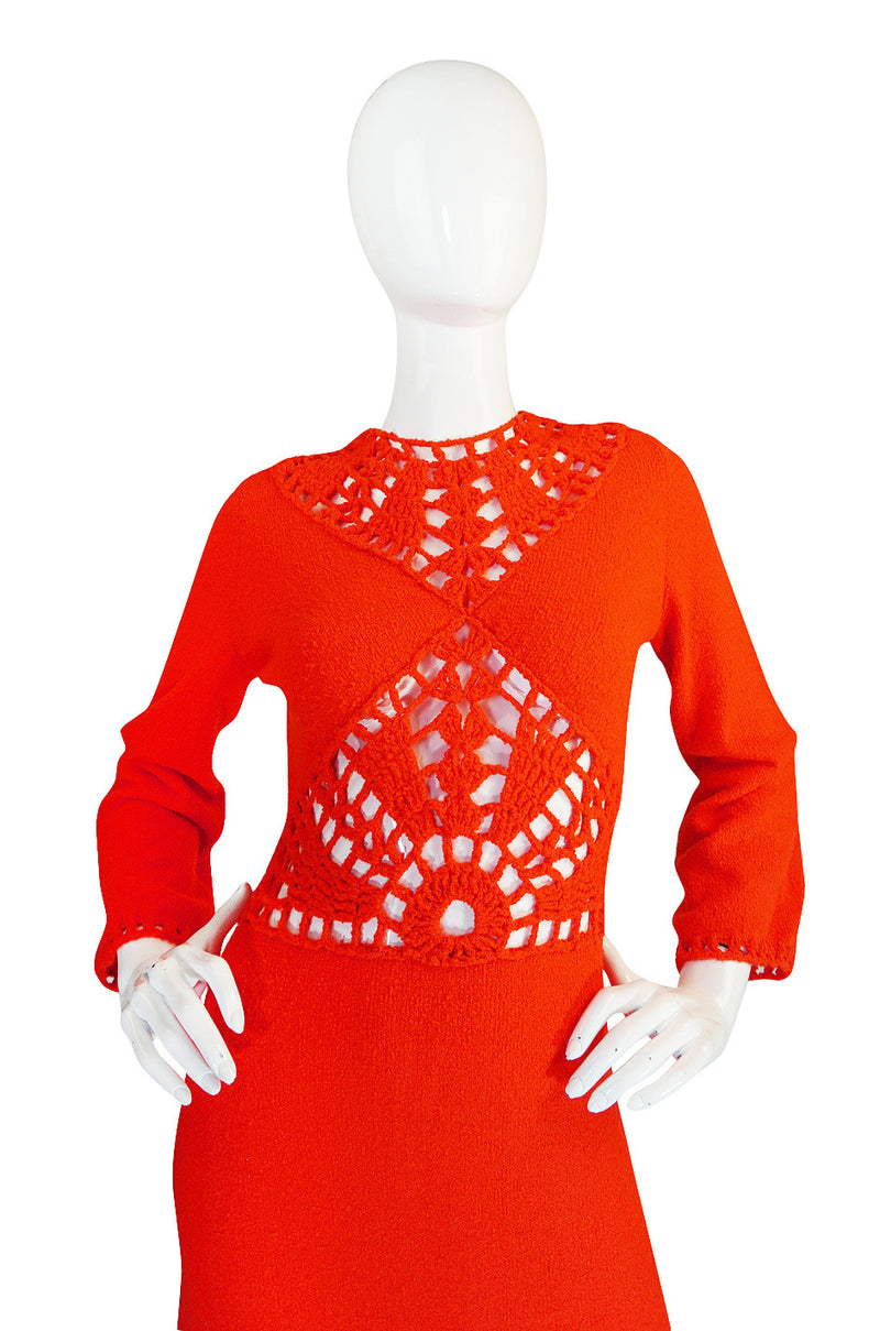 1970s Open Weave Cut Out Crochet Red Knit Dress