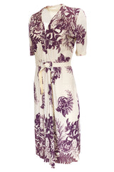 1940s Unlabeled Purple Floral Print Stretch Rayon Jersey Ivory Dress