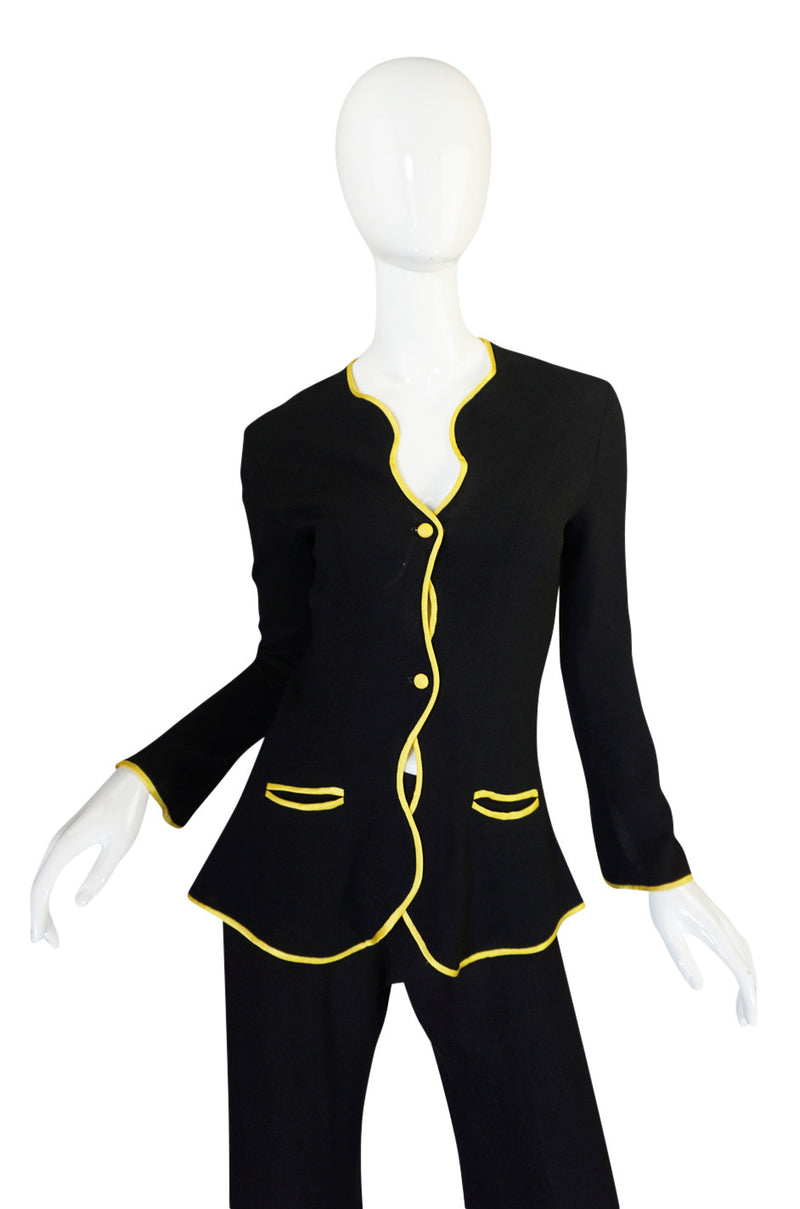 1970s Yellow Trim Ossie Clark Moss Crepe Trouser Suit