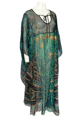 1980s Zandra Rhodes Hand Painted Shell & Floral Green Silk Caftan Dress