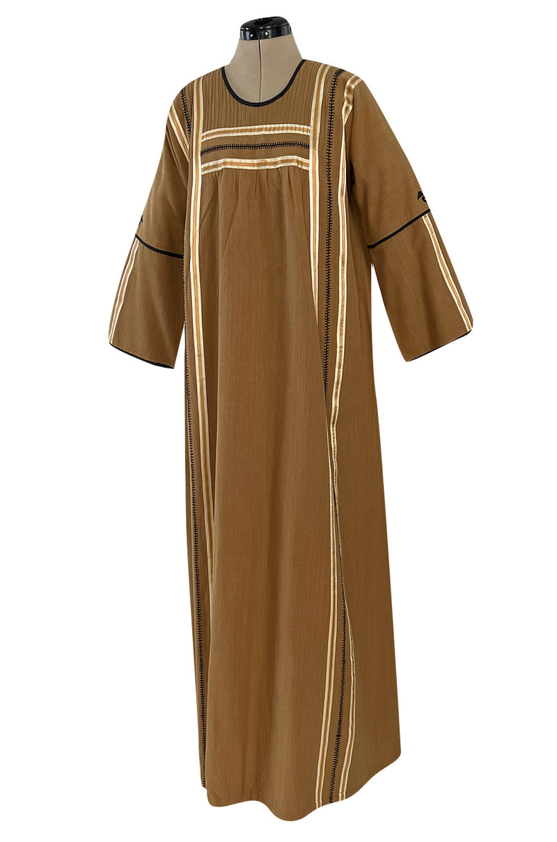 1960s Josefa Hand Embroidered w Brown Ribbon Detailing & Bird Motif Caftan Dress