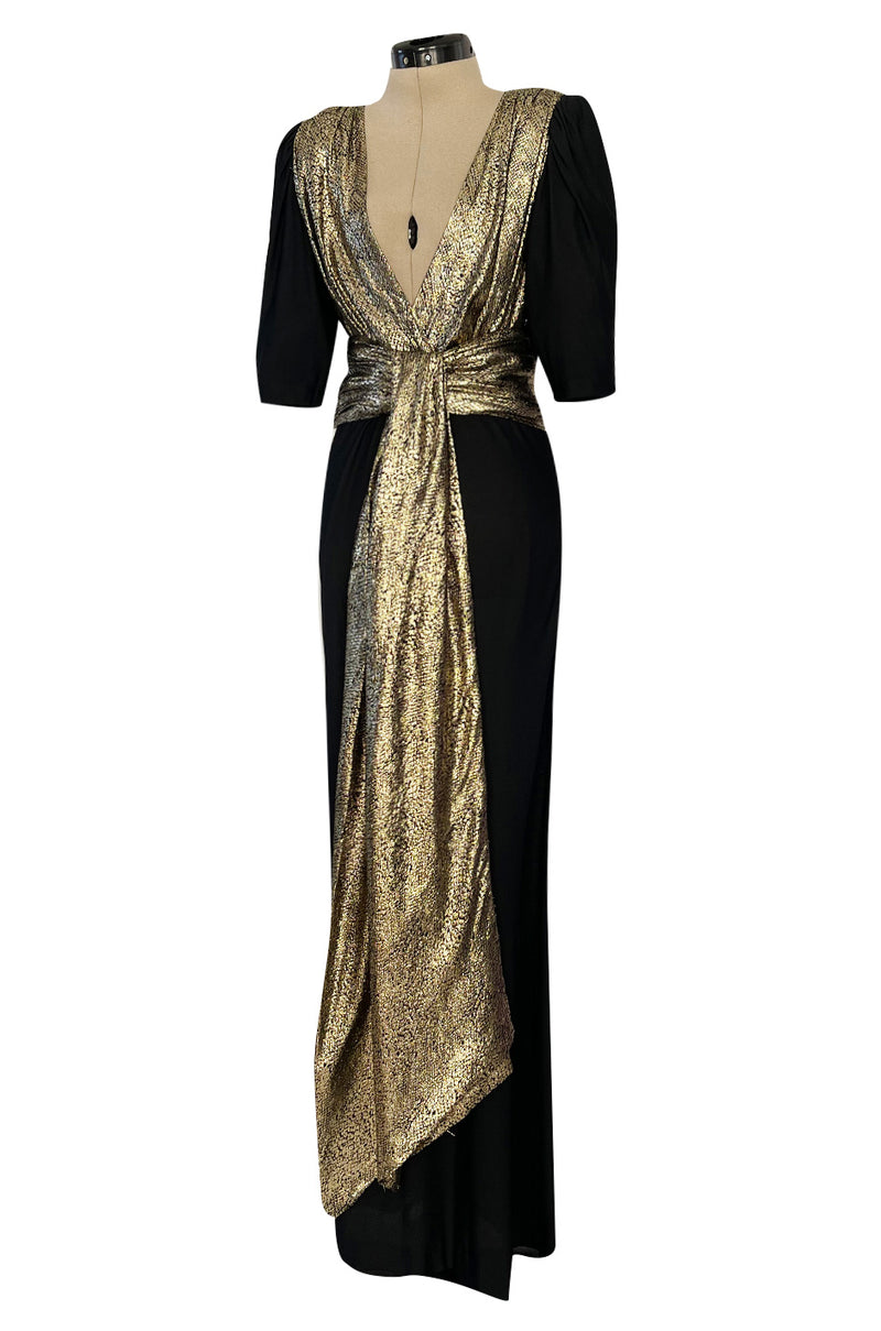Spring 1986 Yves Saint Laurent Black Crepe & Jersey Dress w Gold Lame Shrimpton Couture Spring 1986 Yves Saint Laurent Black Crepe & Jersey Dress w Gold Lame Shrimpton Couture