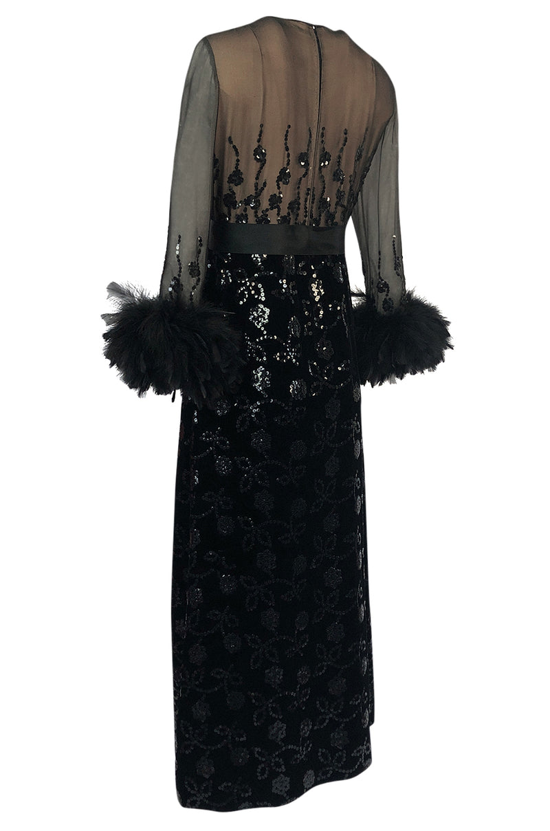 Documented Fall 1970 Oscar de la Renta Ostrich Feather & Sequin Silk Dress