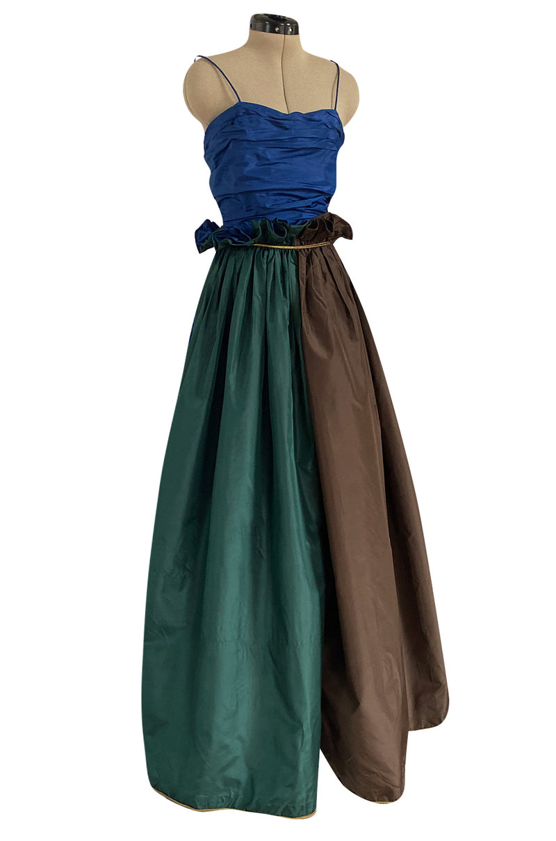 Stunning 1970s James Galanos Colour Block Silk Tafetta Dress w Ruffled Waist Detailing