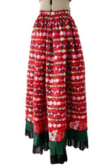 Early 1970s Lanvin by Jules-Francois Crahay Demi-Couture Printed Red Silk Skirt w Green & Lace Edging