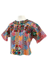 Vintage Mexican Artisan Bright Coloured Pattern Hand Embroidered Flowers & Birds Top
